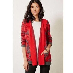 ✨2/$20 Anthropologie Sparrow Rose Hooded Open Cardigan Sweater Red Medium H14274